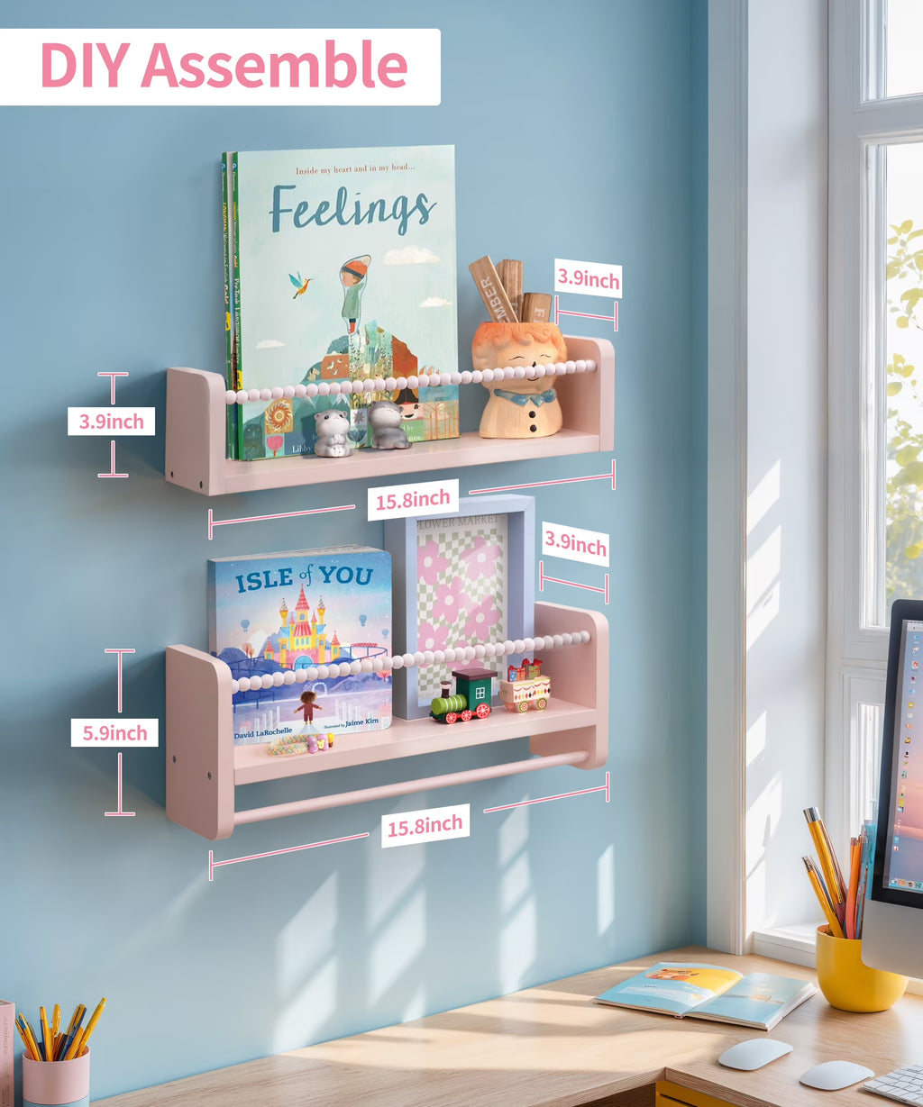 Nursery Floating Shelves for Wall, Kids Bookshelf Toy Storage Organizer Natural Wood Shelves Wall Mounted for Kids Room, Bedroom，Pink Set of 3 16In