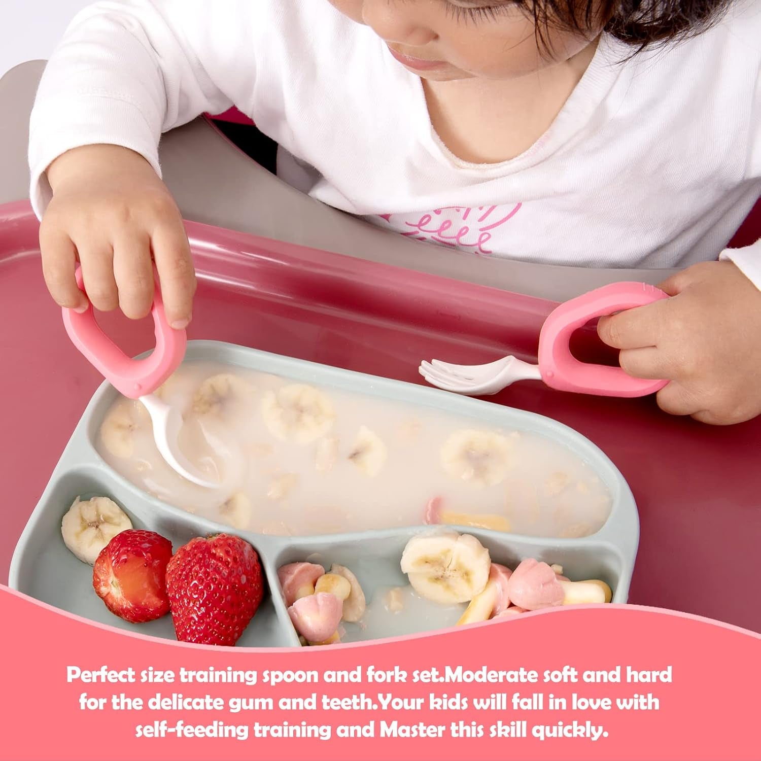 Training Spoon & Fork with Travel Case Pink | Toddler Self Feeding Utensil Set, Bpa-Free Cute Circle Silicone ABS Spoons Set for Baby Led Weaning