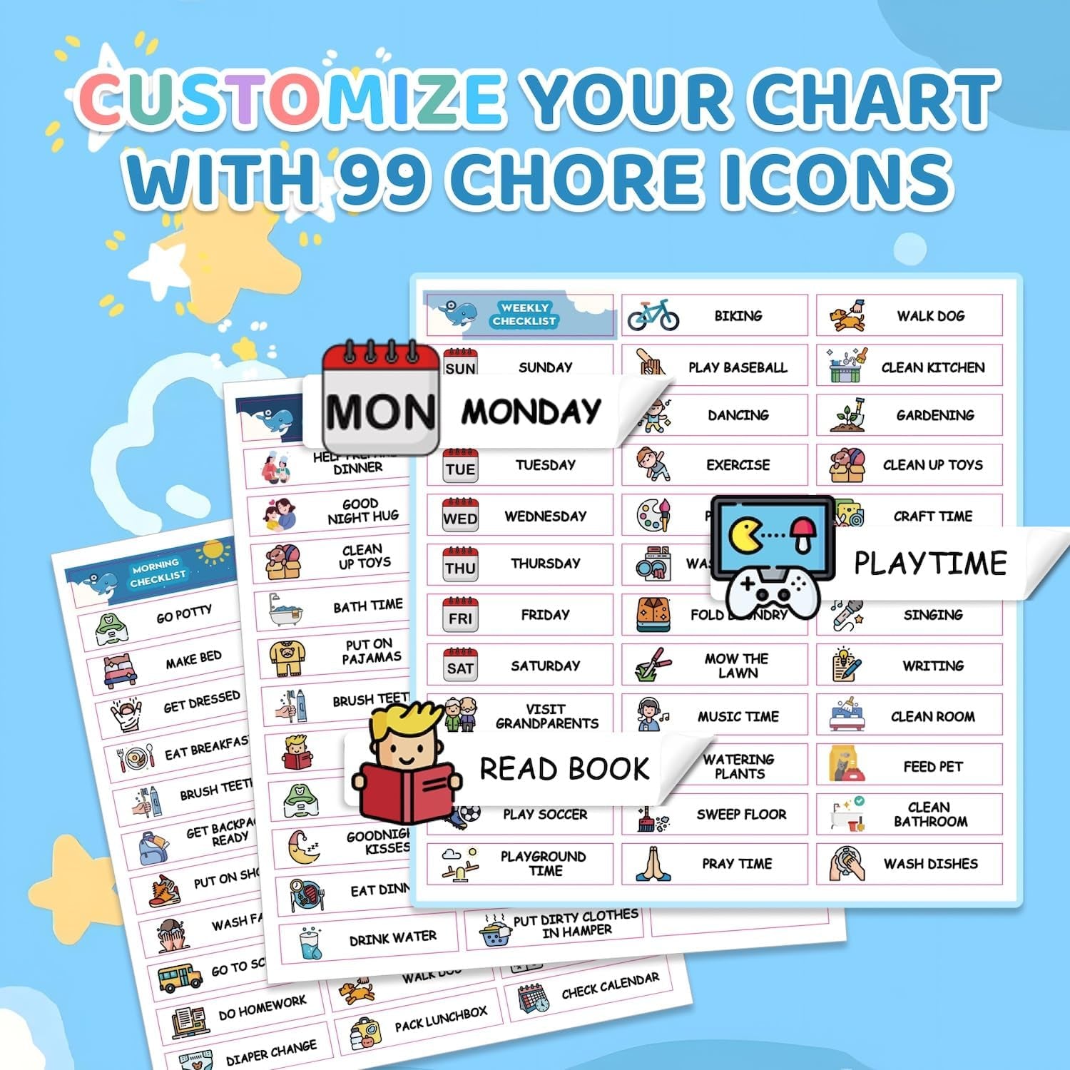 2 in 1 Upgraded Slider Morning/Bedtime Routine Chart for Kids Toddlers - Magnetic Kids Chore Chart for 2 Kids, Dry Erase Chore Chart for Kids, Visual Schedule for Kids with Cute Chore Stickers