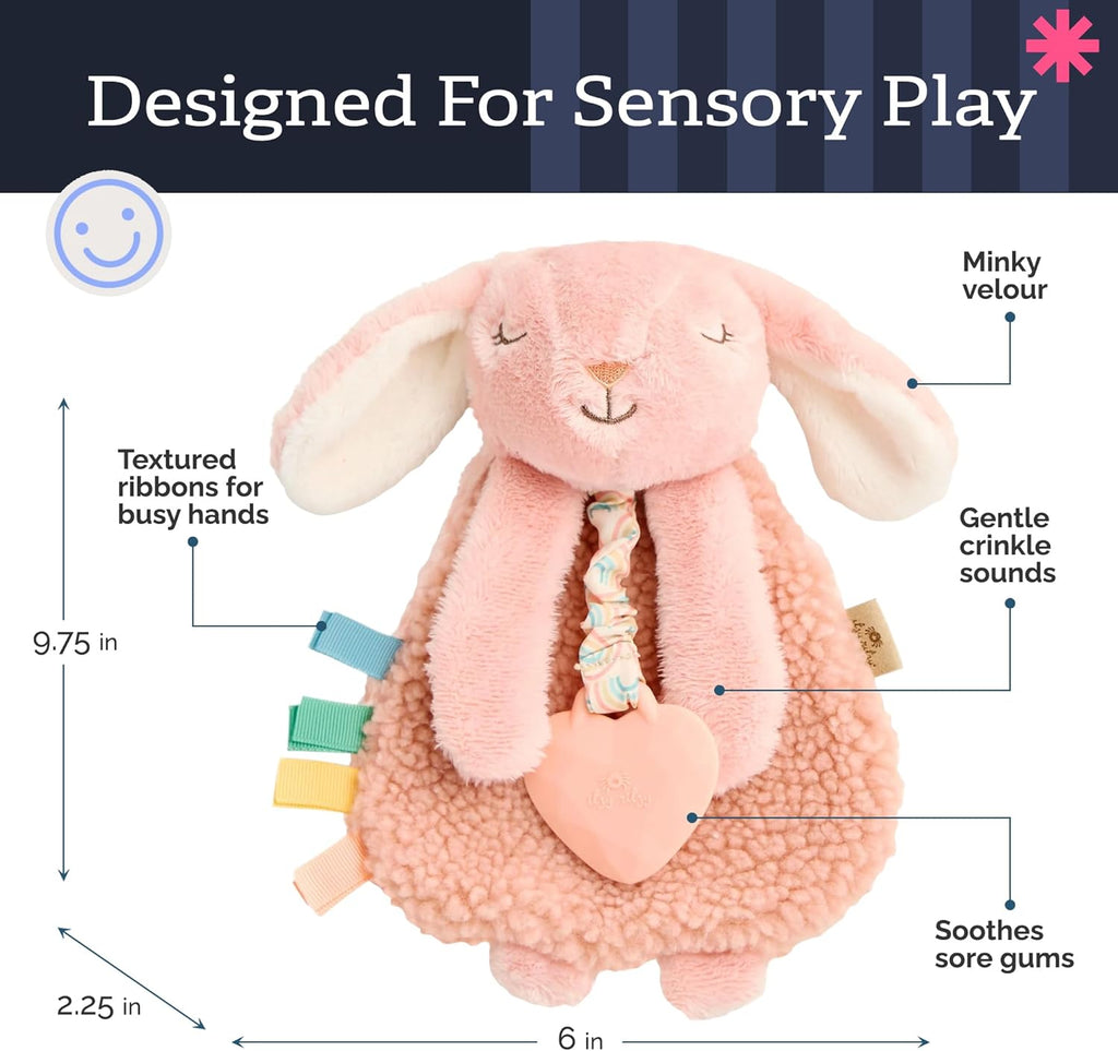 Itzy Ritzy - Itzy Lovey Including Teether - Baby Lovey with Teether, Textured Ribbons & Dangle Arms - Features Crinkle Sound, Sherpa Fabric and Minky Plush (Pink Bunny)