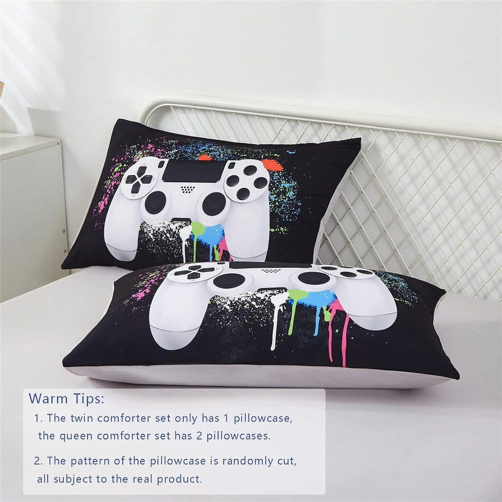 5 Piece Boys Queen Gamer Comforter Set with Sheets, 3D Colorful Video Game Controller Comforter for Kids Teen, All Season Soft Microfiber Gaming Bedding Set(White,Queen)