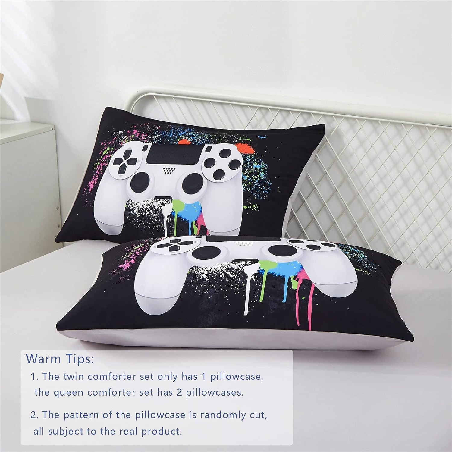 5 Piece Boys Queen Gamer Comforter Set with Sheets, 3D Colorful Video Game Controller Comforter for Kids Teen, All Season Soft Microfiber Gaming Bedding Set(White,Queen)