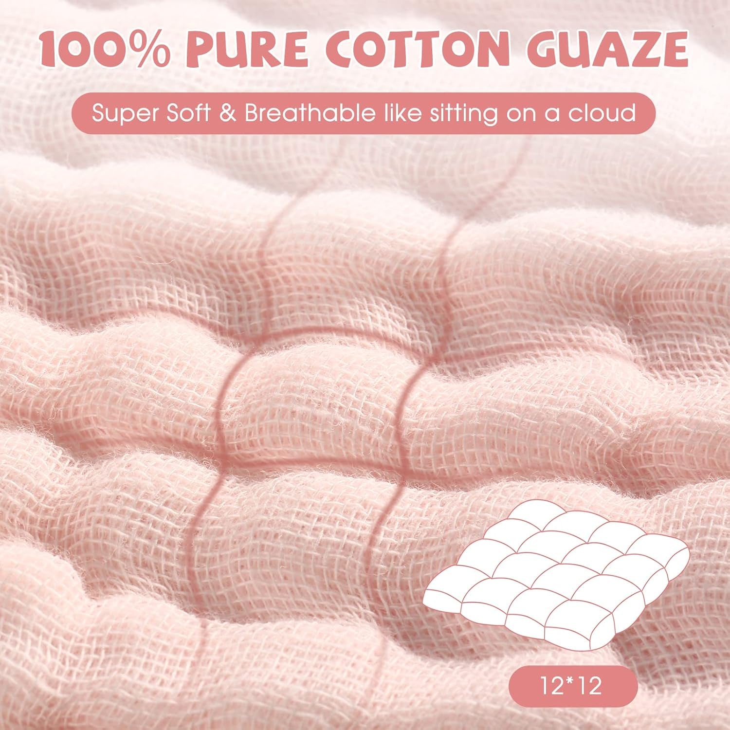 Baby Washcloths and Burp Cloths, Soft Absorbent Towels for Newborns, 6 Pack, 12X12 Inches (Pink)