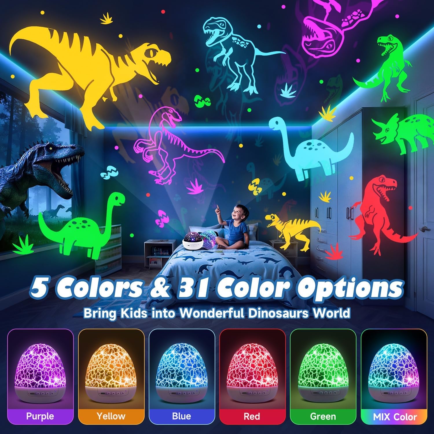 Dinosaur Toys for Kids 3-5 Easter Gifts for Kids Toys Night Light Projector Dinosaur Eggs Easter Eggs Night Light for Kids | 15 Sounds & 3D Films | 31Colors & Remote Control | Easter Toys