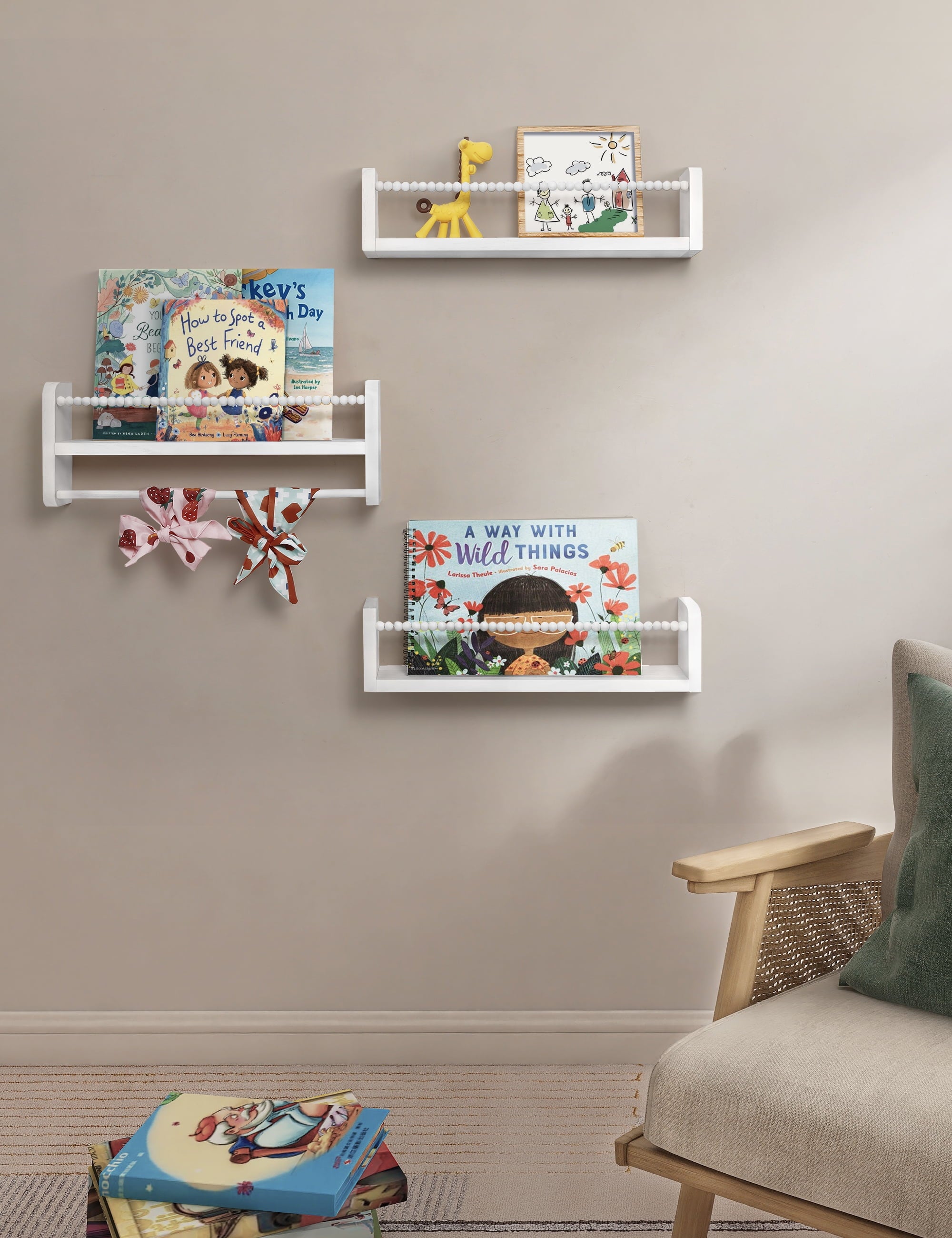 White Floating Shelves Set of 3 16In, Wood Book Shelf for Kids Rooms Bedroom Wall Mount Nursery Floating Bookshelves Toy Storage Organizer for Nursery Decor or Wall Shelves for Kitchen