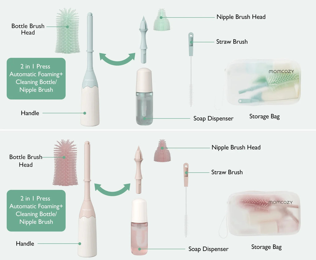 Portable Bottle Brush Set - Baby Bottle Cleaner Kit with Silicone Brush, Nipple Brush, Straw Brush, Soap Dispenser, Drying Rack - 6 in 1 Bottle Cleaning Tool for Home and Travel 1 Set Green