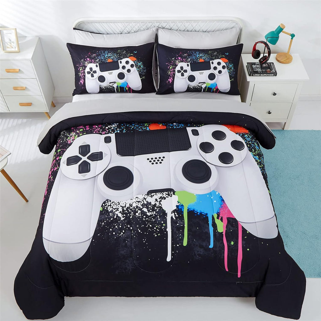 5 Piece Boys Queen Gamer Comforter Set with Sheets, 3D Colorful Video Game Controller Comforter for Kids Teen, All Season Soft Microfiber Gaming Bedding Set(White,Queen)