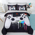 5 Piece Boys Queen Gamer Comforter Set with Sheets, 3D Colorful Video Game Controller Comforter for Kids Teen, All Season Soft Microfiber Gaming Bedding Set(White,Queen)