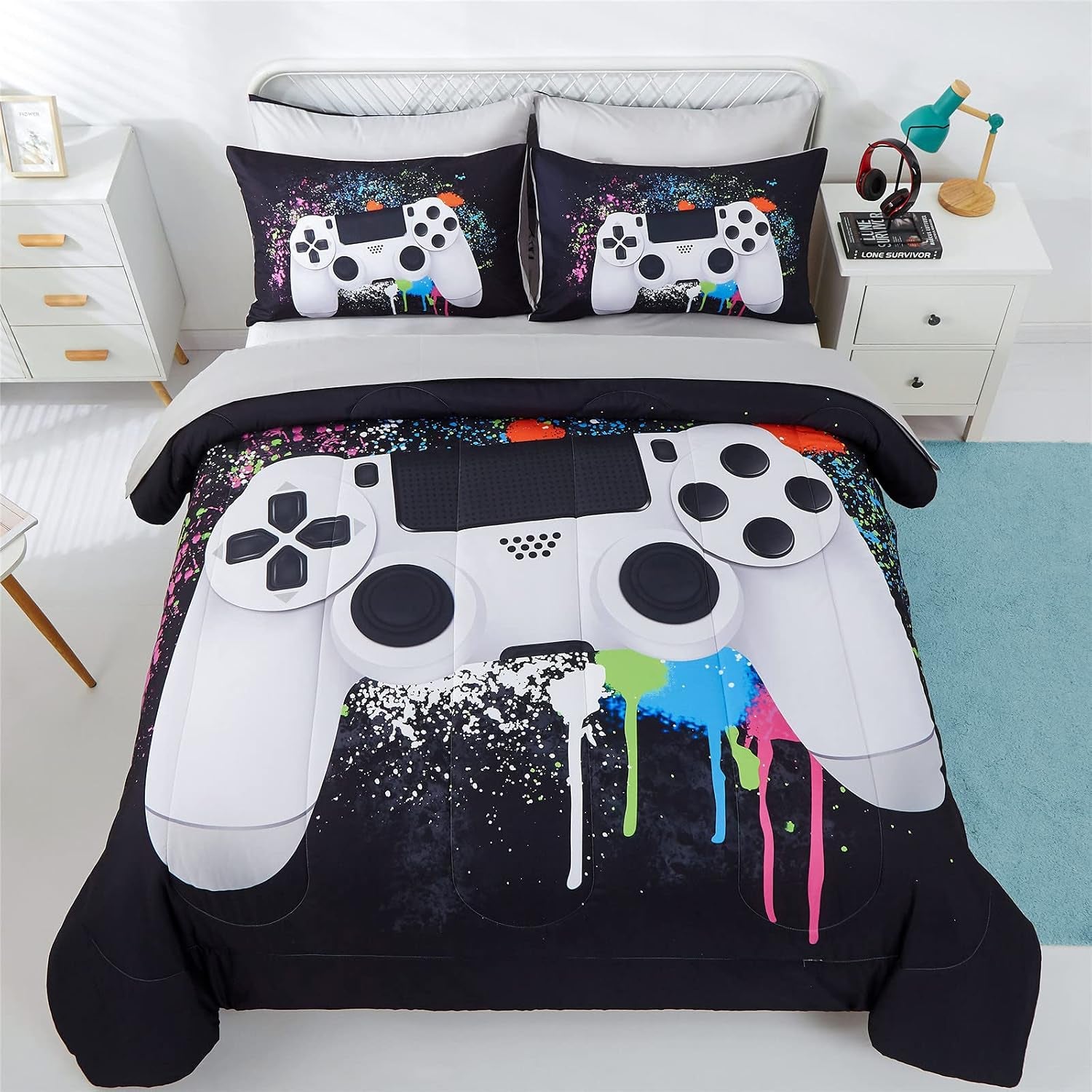 5 Piece Boys Queen Gamer Comforter Set with Sheets, 3D Colorful Video Game Controller Comforter for Kids Teen, All Season Soft Microfiber Gaming Bedding Set(White,Queen)