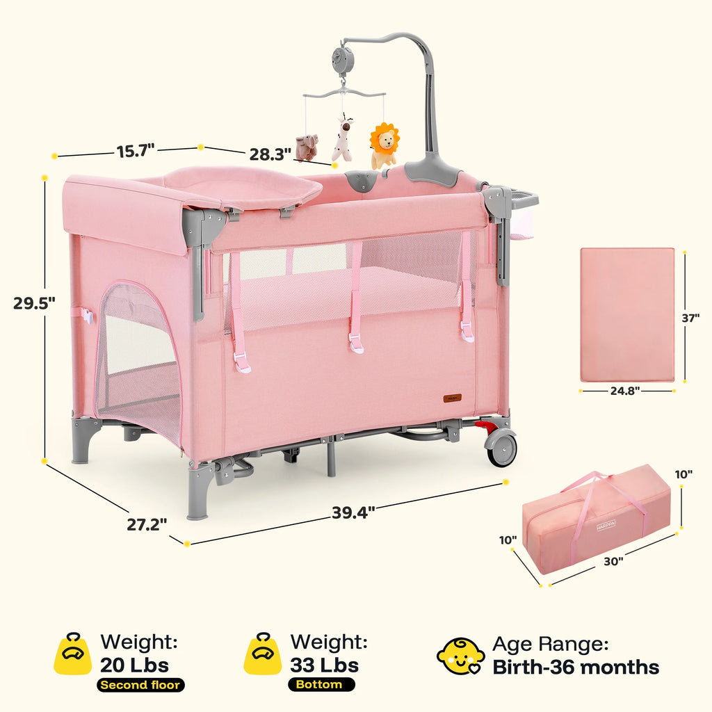 5 in 1 Baby Playard with Bassinet & Changing Table for Newborn, Pink