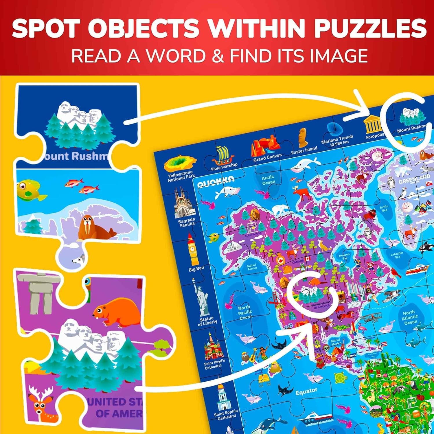 100 Piece Puzzles for Kids Ages 4-6 - 3 Jigsaw Kids Puzzles Ages 6-8 - Learning Map of the United States World Space - Toddler Educational Games for 5-8 Year - Toys for 8-10-12 Year Old