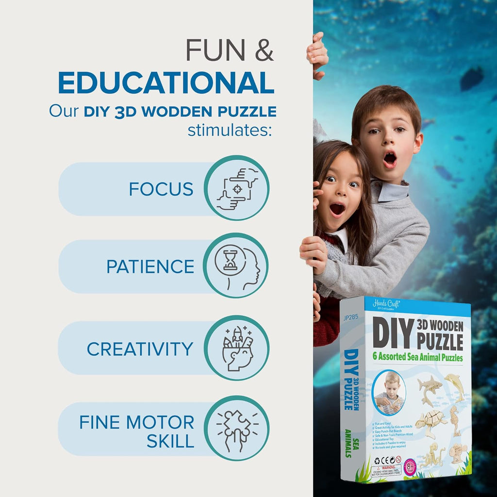 DIY 3D Wooden Puzzle – 6 Assorted Sea Animals Bundle Pack Set Brain Teaser Puzzles Educational STEM Toy Adults and Kids to Build Safe and Non-Toxic Easy Punch Out Premium Wood JP2B5