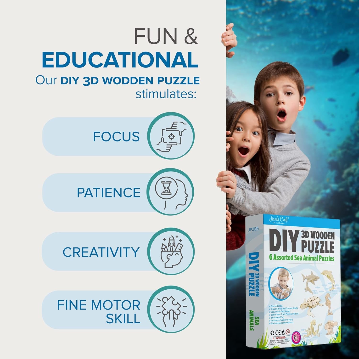 DIY 3D Wooden Puzzle – 6 Assorted Sea Animals Bundle Pack Set Brain Teaser Puzzles Educational STEM Toy Adults and Kids to Build Safe and Non-Toxic Easy Punch Out Premium Wood JP2B5