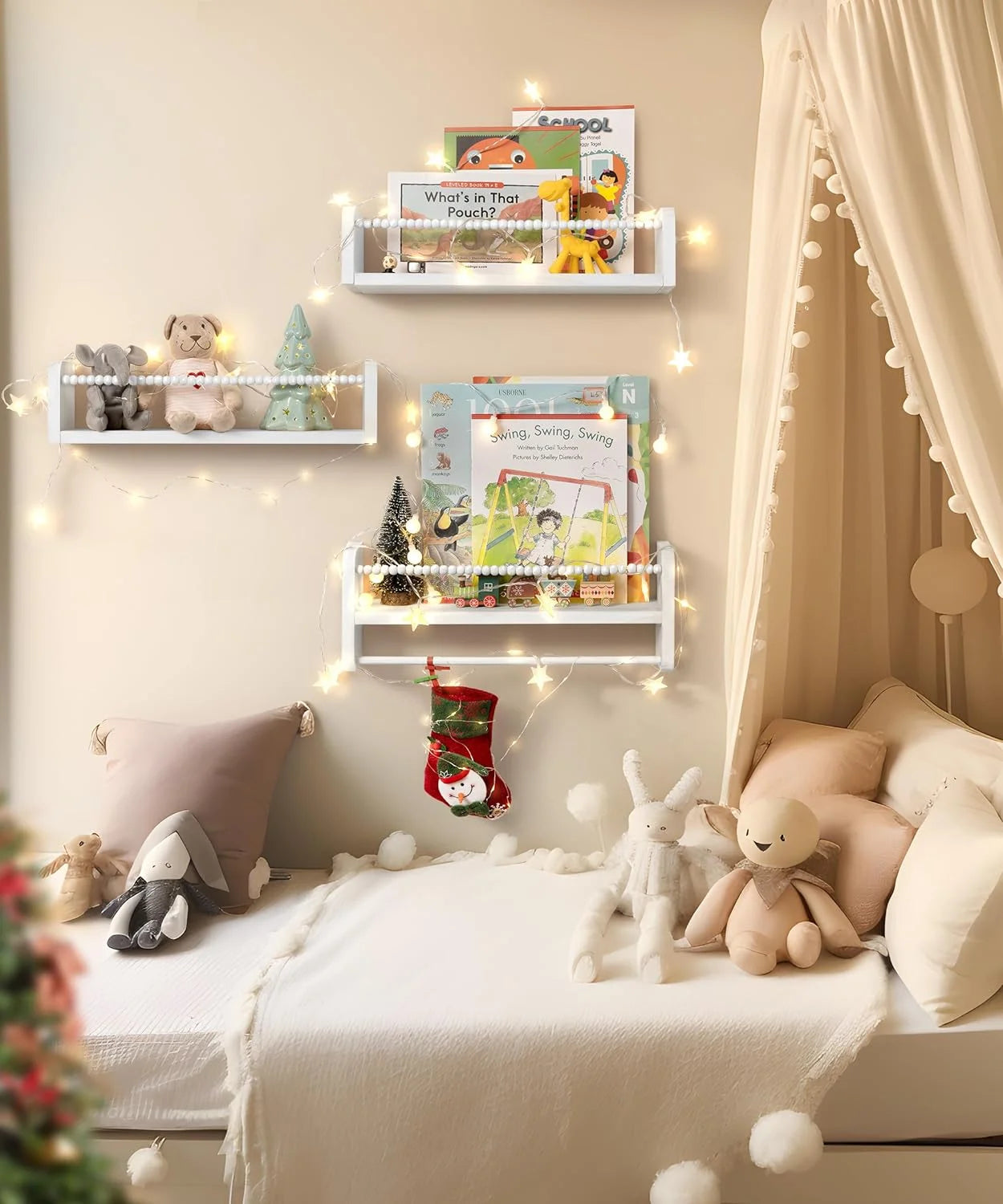 White Floating Shelves Set of 3 16In, Wood Book Shelf for Kids Rooms Bedroom Wall Mount Nursery Floating Bookshelves Toy Storage Organizer for Nursery Decor or Wall Shelves for Kitchen