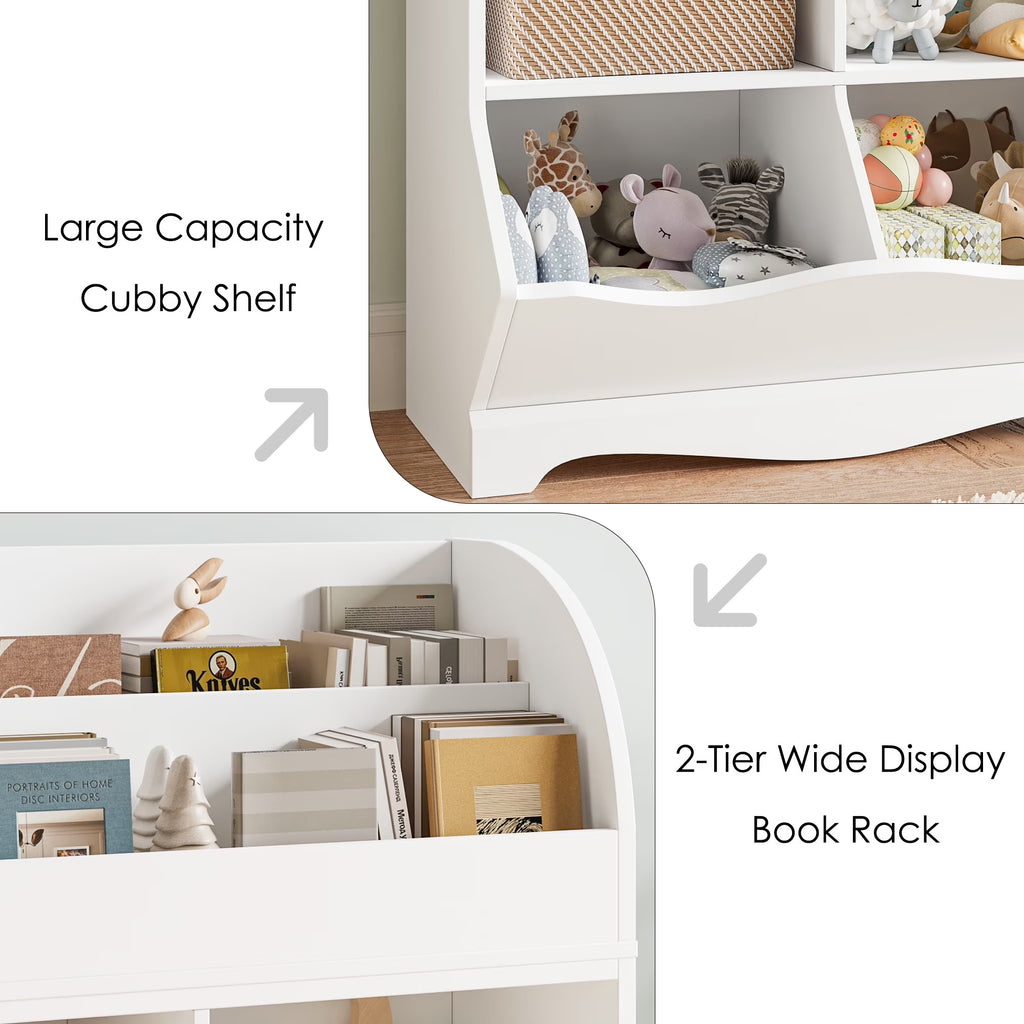 Kids Toy Storage Organizer, White Bookcase with Toy Box, Toy Chest Storage Cubbies with Bins for Nursery Playroom Bedroom